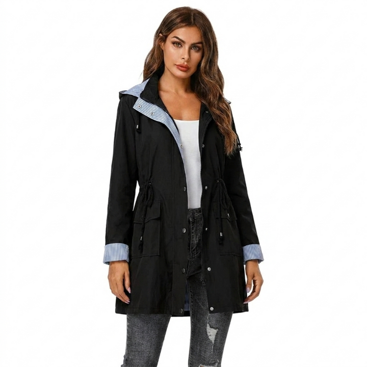 Women's Hooded Rain Jacket with Snap Front & Striped Lining | Long