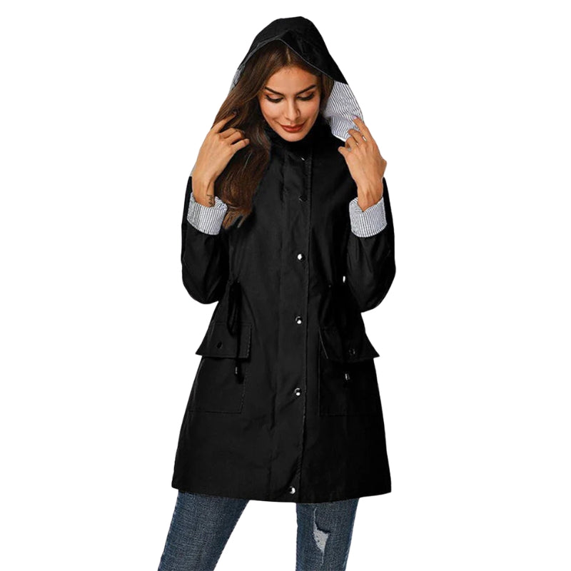 Women's Hooded Rain Jacket with Snap Front & Striped Lining | Long