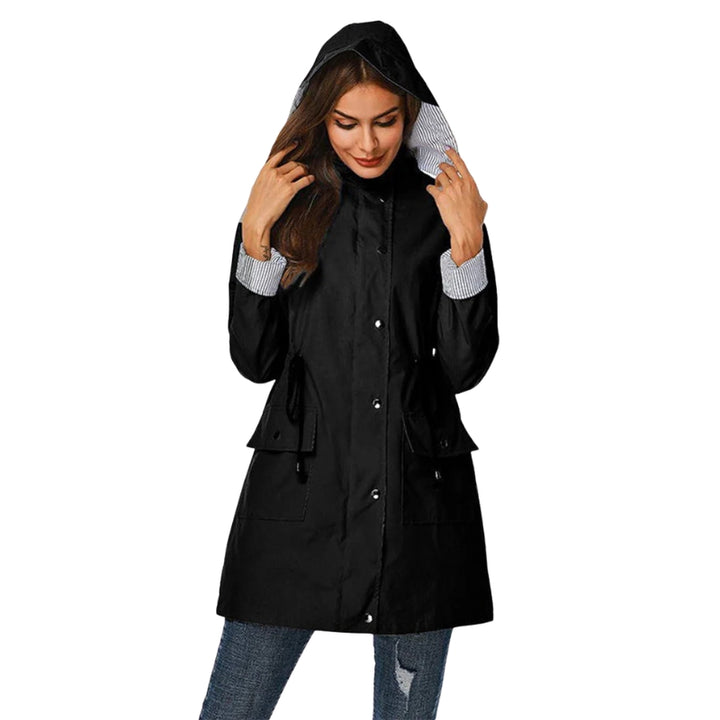 Women's Hooded Rain Jacket with Snap Front & Striped Lining | Long