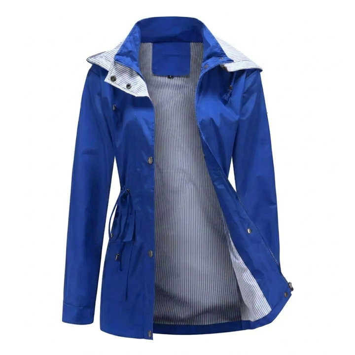 Women's Hooded Rain Jacket with Snap Front & Striped Lining | Long