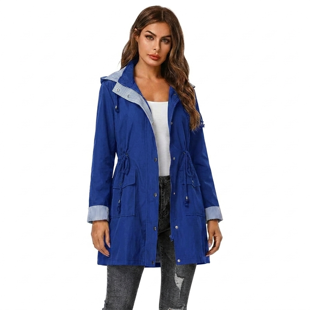 Women's Hooded Rain Jacket with Snap Front & Striped Lining | Long