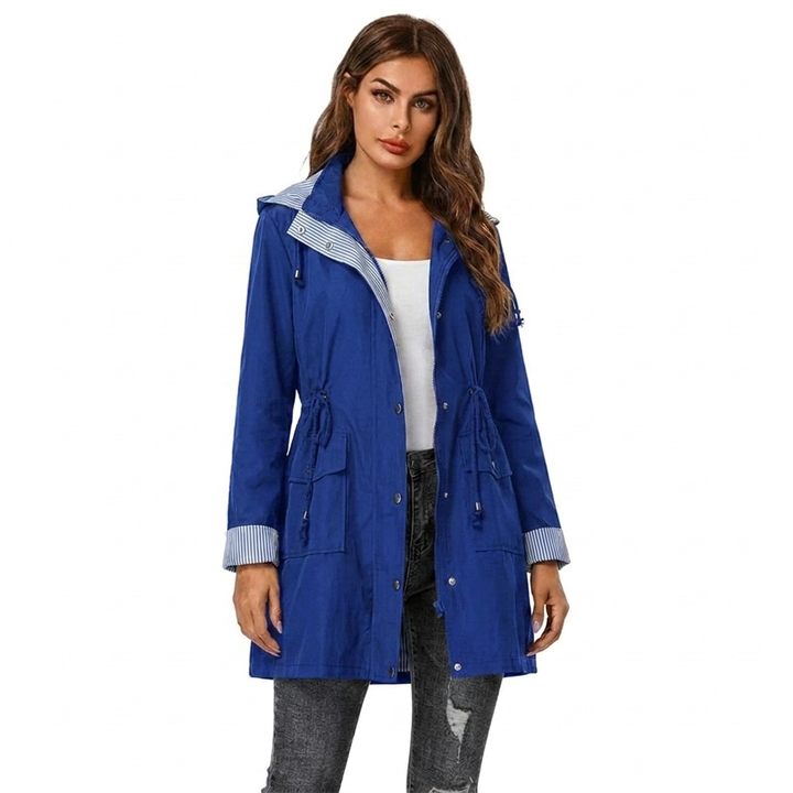 Women's Hooded Rain Jacket with Snap Front & Striped Lining | Long