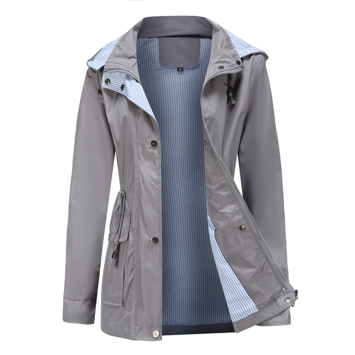 Women's Hooded Rain Jacket with Snap Front & Striped Lining | Long