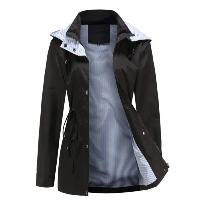 Women's Hooded Rain Jacket with Snap Front & Striped Lining | Long