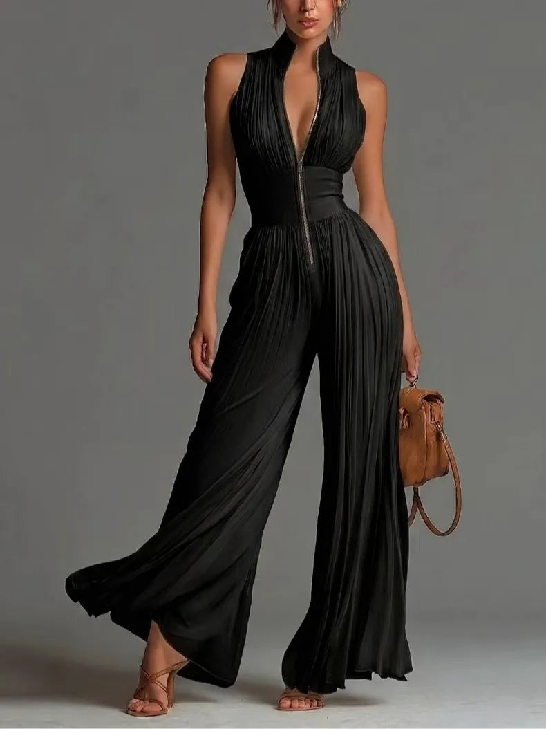 Women's Jumpsuit with Pleated & Deep V-Neck | Wide Leg