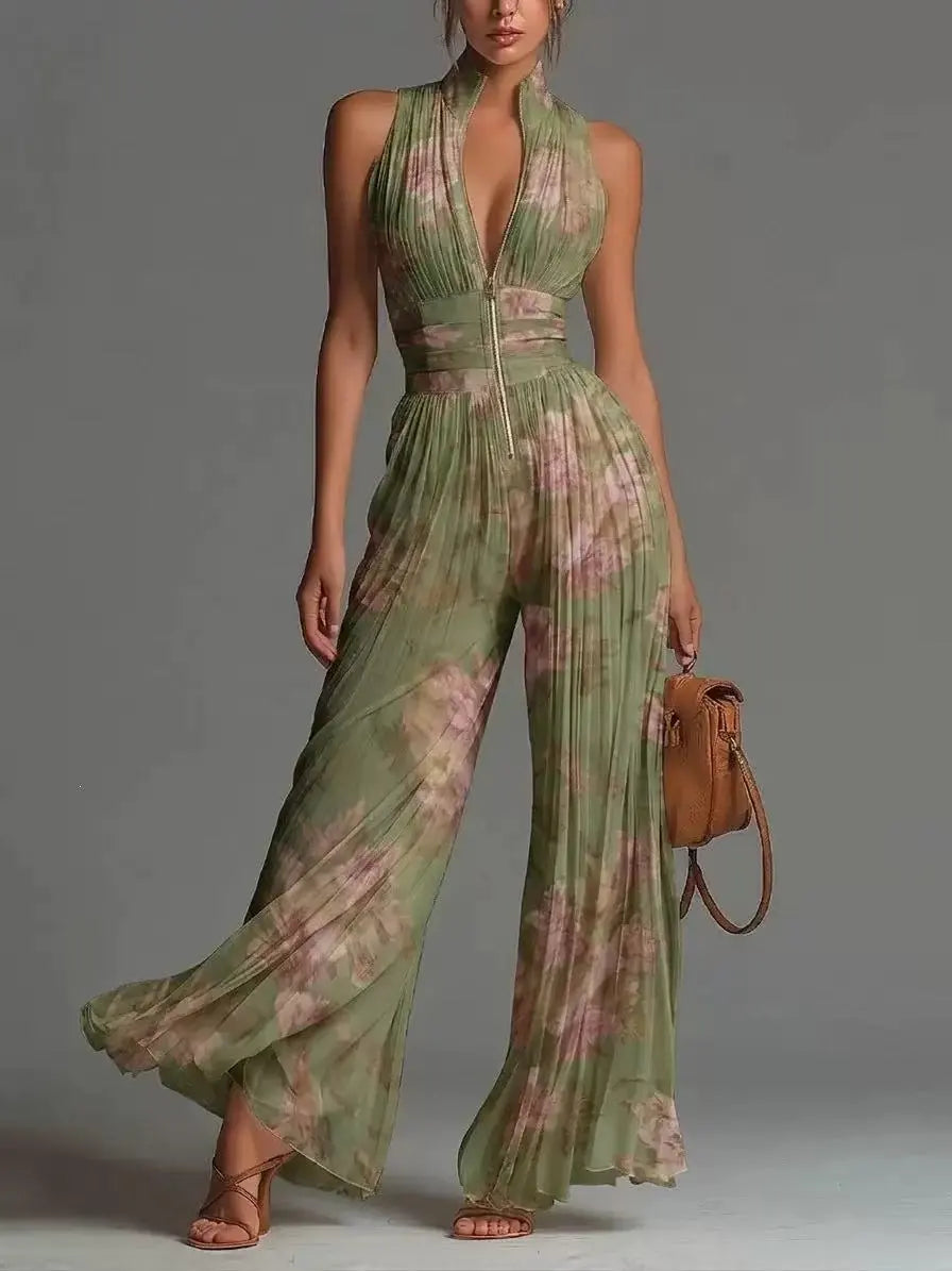 Women's Jumpsuit with Pleated & Deep V-Neck | Wide Leg