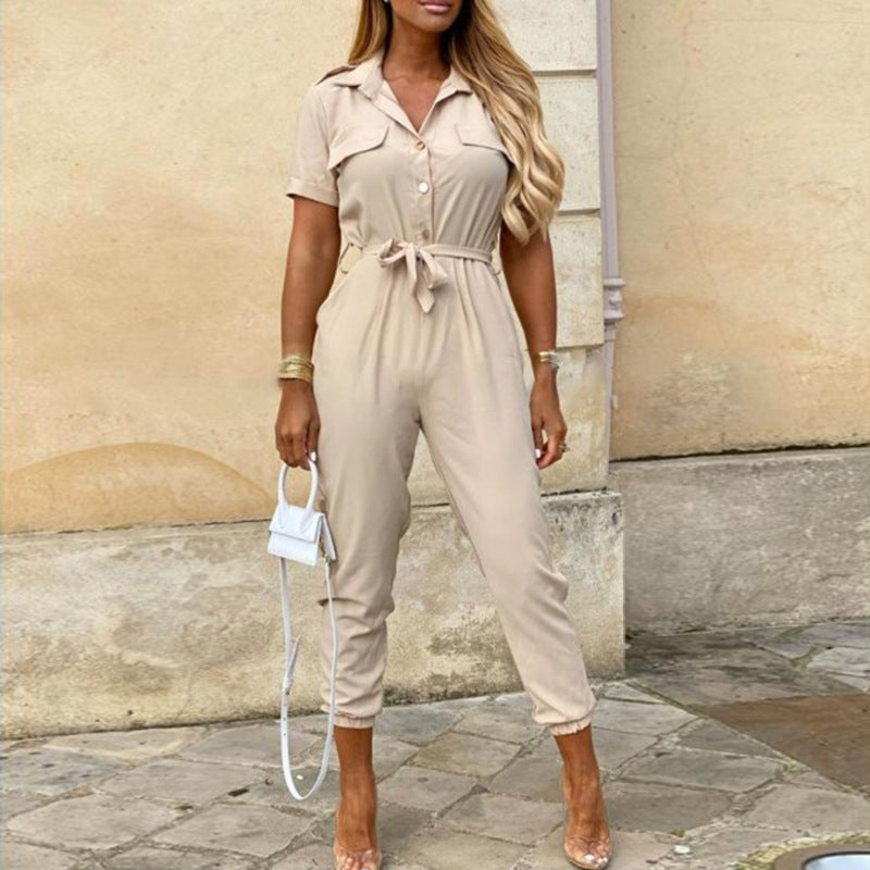 Women’s Jumpsuits with Button Front & Tie Waist | Short Sleeve