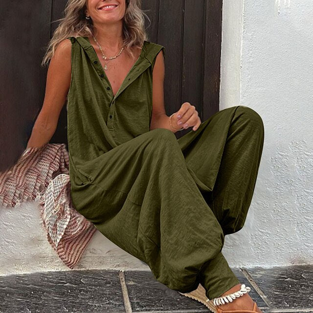 Women’s Jumpsuits with Hooded Collar & Button Front | Sleeveless