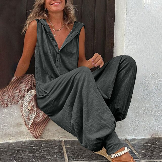 Women’s Jumpsuits with Hooded Collar & Button Front | Sleeveless