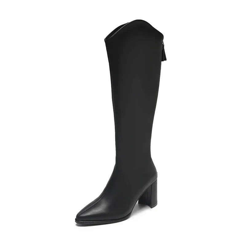 Women's Knee High Boots Block Heel with Pointed Toe | Zip