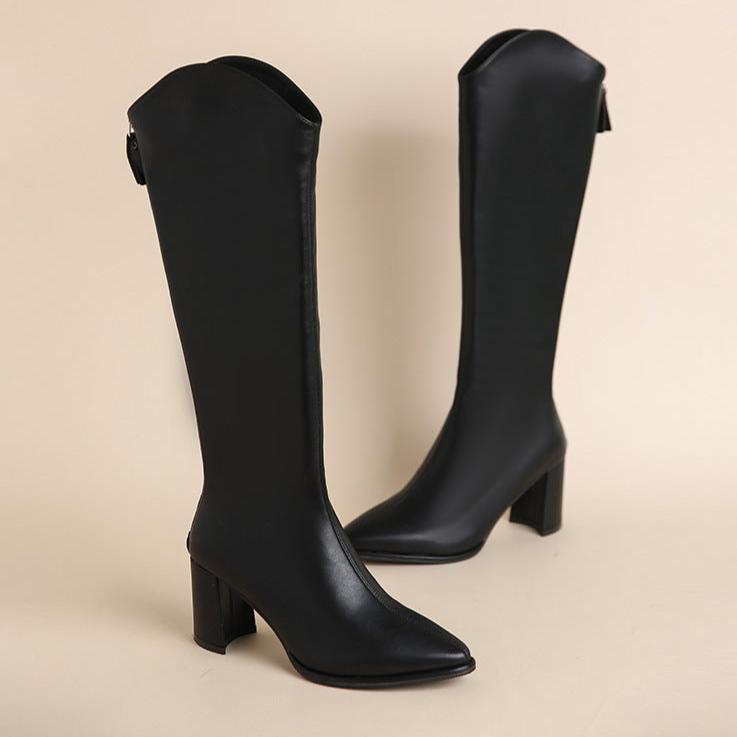 Women's Knee High Boots Block Heel with Pointed Toe | Zip