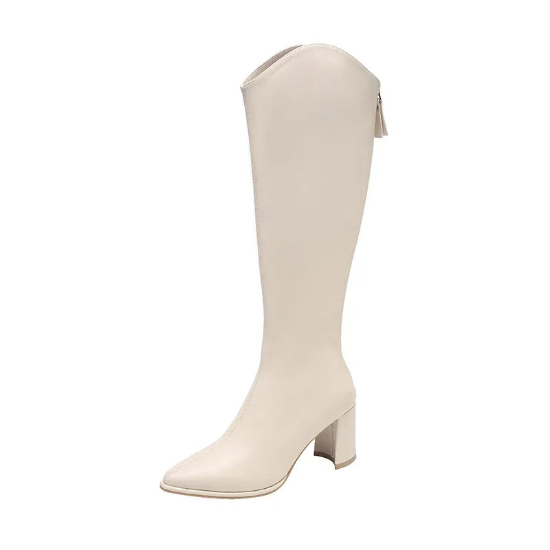 Women's Knee High Boots Block Heel with Pointed Toe | Zip