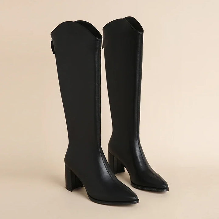 Women's Knee High Boots Block Heel with Pointed Toe | Zip