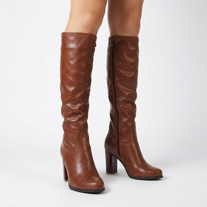 Women's Knee High Boots with Block Heel & Side Zip | Round Toe