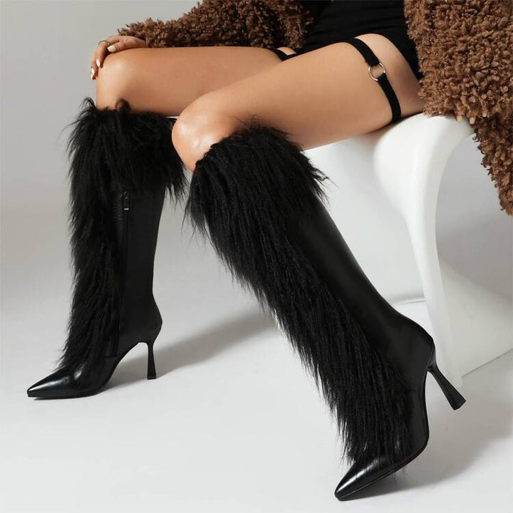 Women's Knee High Boots with Fluffy Shaft & Pointed Toe | Stiletto Heel