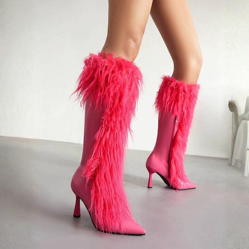 Women's Knee High Boots with Fluffy Shaft & Pointed Toe | Stiletto Heel