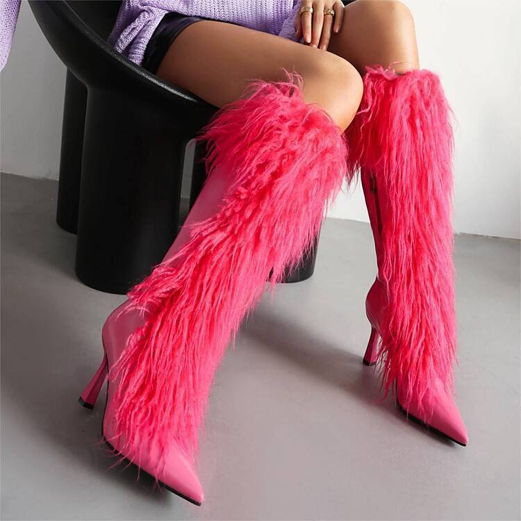 Women's Knee High Boots with Fluffy Shaft & Pointed Toe | Stiletto Heel