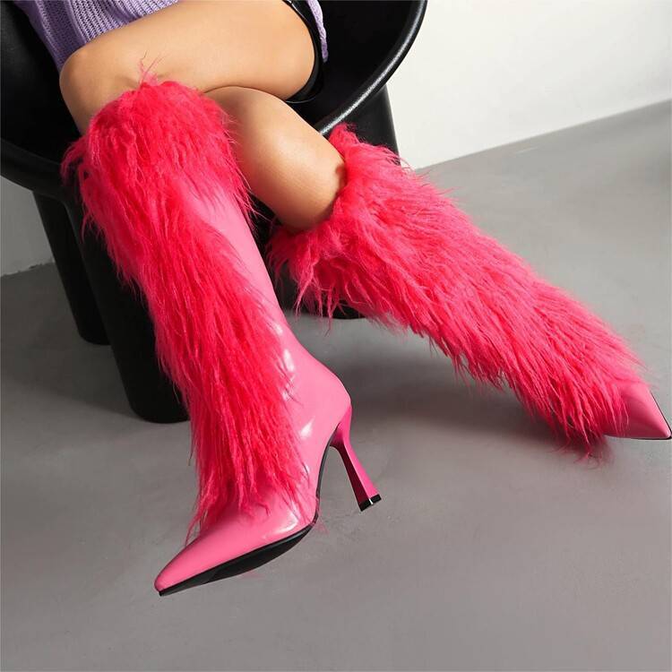 Women's Knee High Boots with Fluffy Shaft & Pointed Toe | Stiletto Heel
