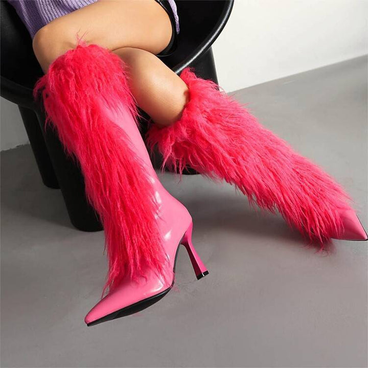 Women's Knee High Boots with Fluffy Shaft & Pointed Toe | Stiletto Heel