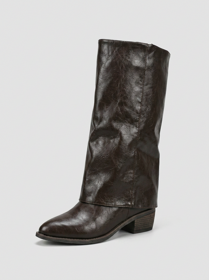Women's Knee High Boots with Fold Over Cuff & Block Heel | Pointed Toe