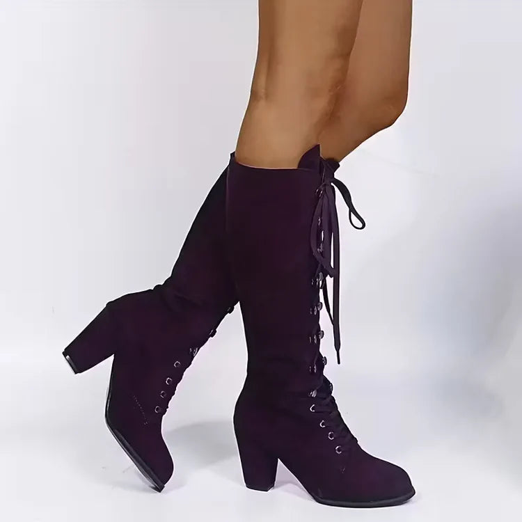 Women's Knee High Boots with Lace Up Front & Block Heel | Vintage Style
