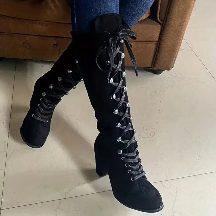 Women's Knee High Boots with Lace Up Front & Block Heel | Vintage Style
