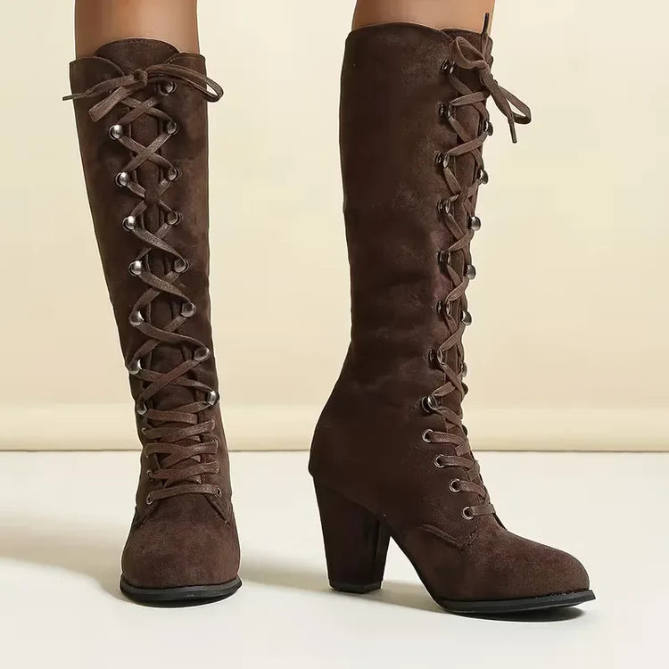 Women's Knee High Boots with Lace Up Front & Block Heel | Vintage Style