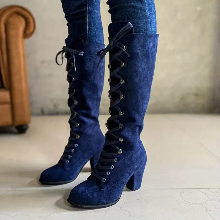Women's Knee High Boots with Lace Up Front & Block Heel | Vintage Style