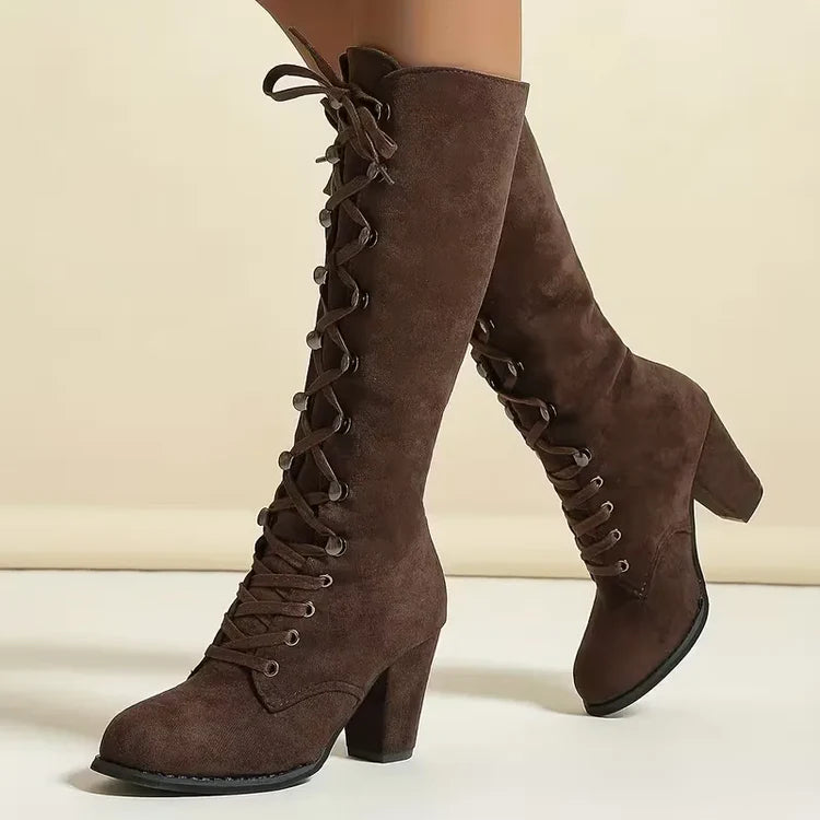 Women's Knee High Boots with Lace Up Front & Block Heel | Vintage Style