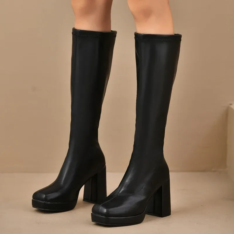 Women's Knee High Boots with Platform Sole & Square Toe | Block Heel