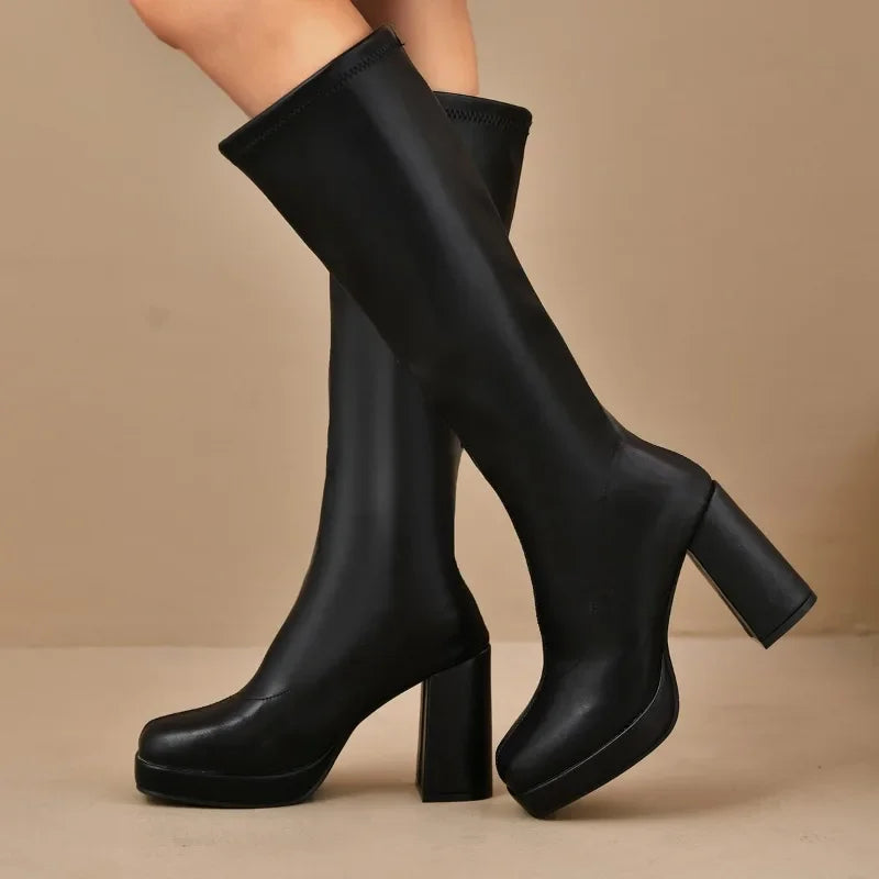 Women's Knee High Boots with Platform Sole & Square Toe | Block Heel