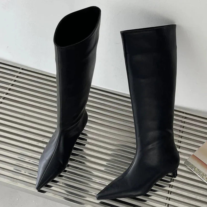 Women's Knee High Boots with Pointed Toe & Kitten Heel | Pull On