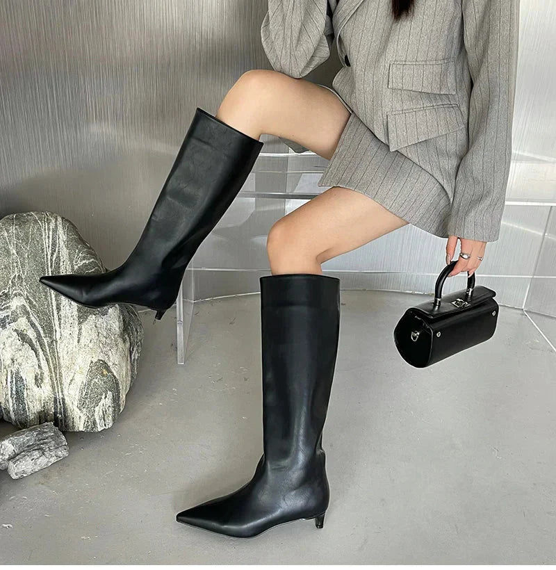 Women's Knee High Boots with Pointed Toe & Kitten Heel | Pull On