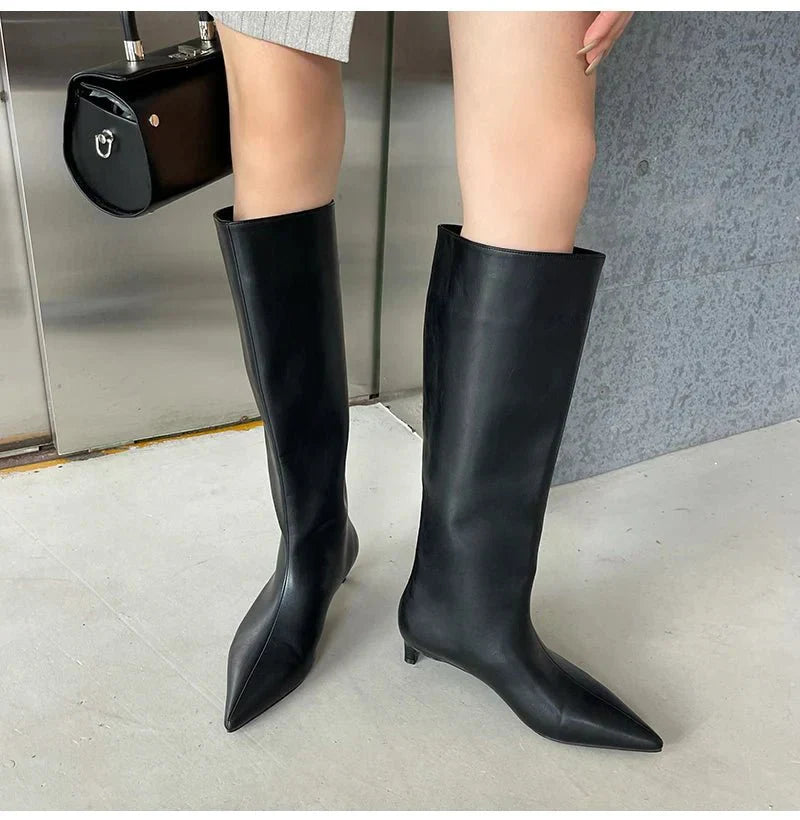 Women's Knee High Boots with Pointed Toe & Kitten Heel | Pull On