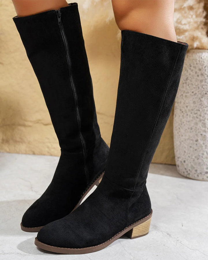 Women's Knee High Boots with Round Toe & Side Zip | Stacked Heel