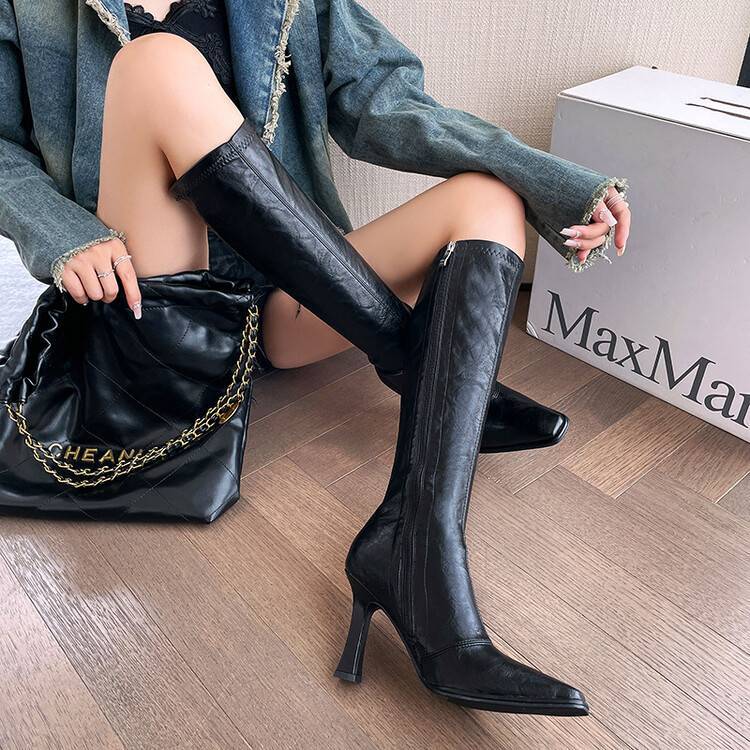 Women's Knee High Boots with Stiletto Heel & Side Zip | Square Pointed Toe