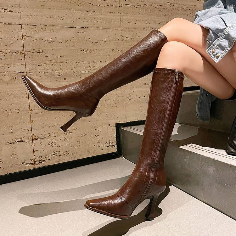 Women's Knee High Boots with Stiletto Heel & Side Zip | Square Pointed Toe