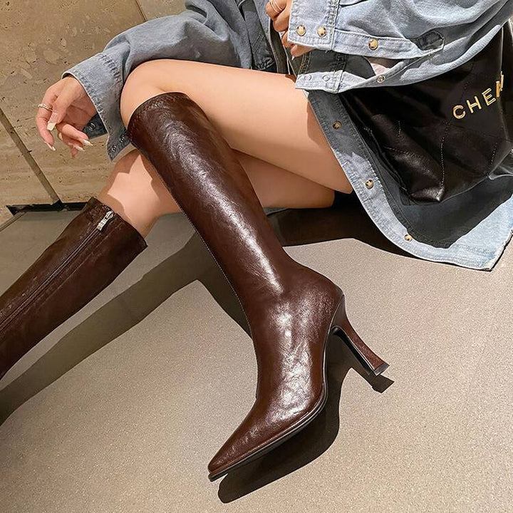 Women's Knee High Boots with Stiletto Heel & Side Zip | Square Pointed Toe