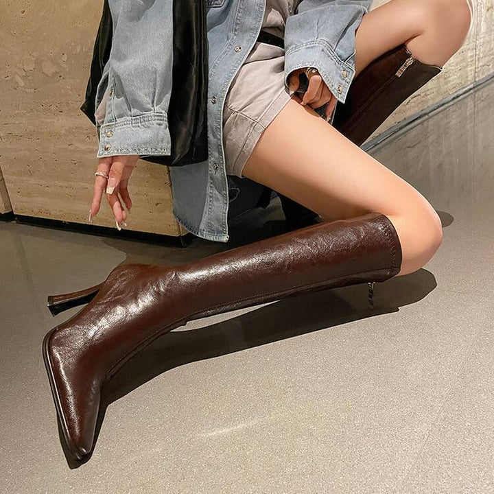 Women's Knee High Boots with Stiletto Heel & Side Zip | Square Pointed Toe