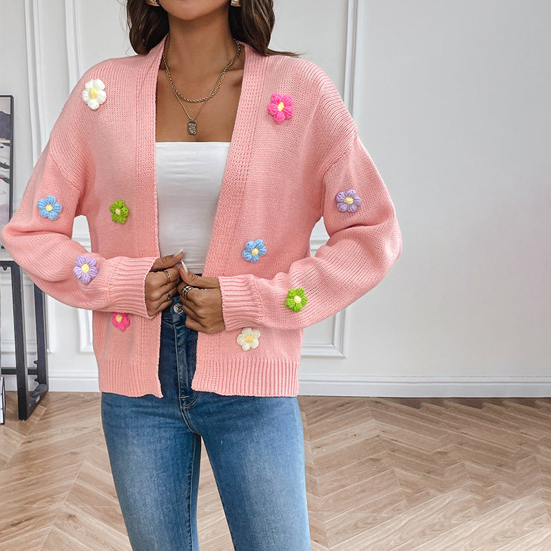 Women's Knit Cardigan with 3D Flower Detail | Open Front