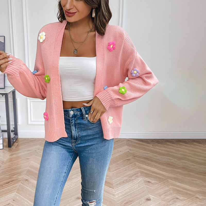 Women's Knit Cardigan with 3D Flower Detail | Open Front