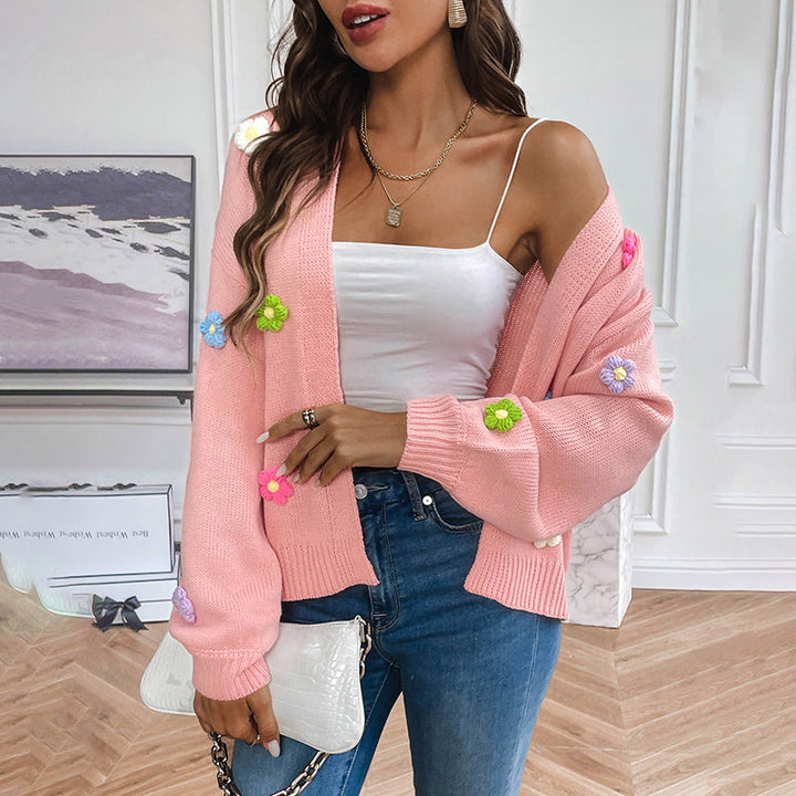 Women's Knit Cardigan with 3D Flower Detail | Open Front