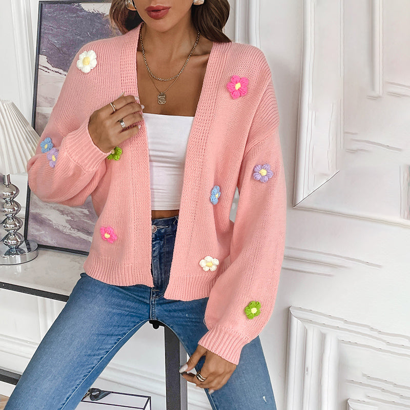 Women's Knit Cardigan with 3D Flower Detail | Open Front