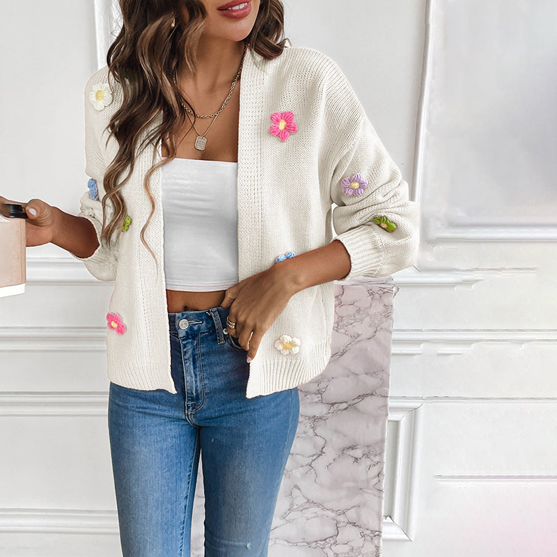 Women's Knit Cardigan with 3D Flower Detail | Open Front