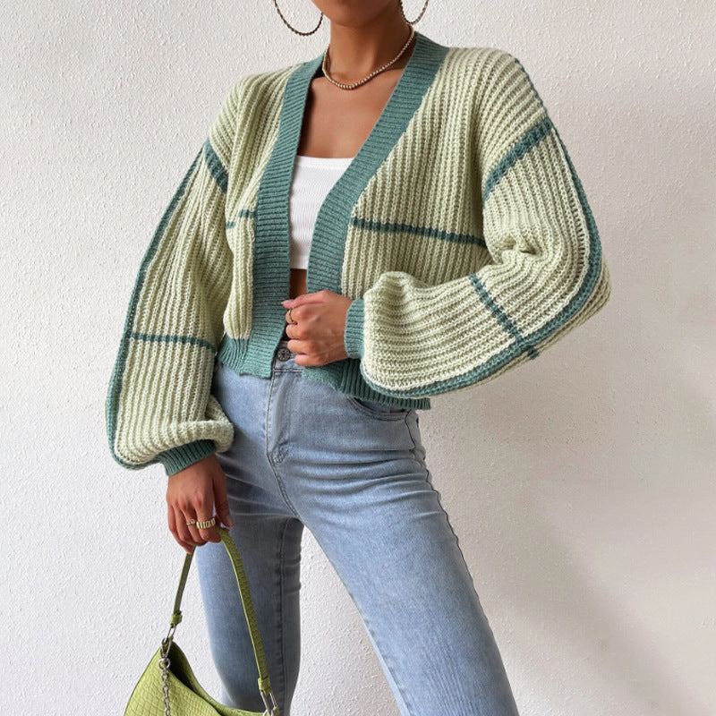 Women's Knit Cardigan with Balloon Sleeves & Open Front | Cropped