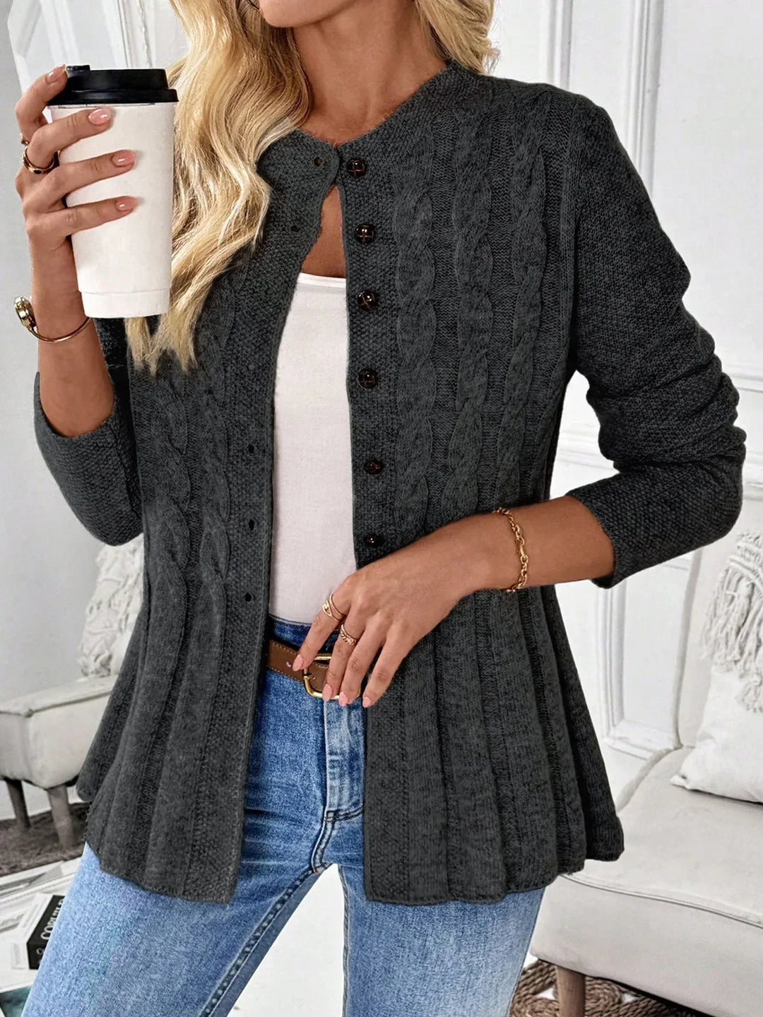 Women's Knit Cardigan with Cable Detail | Button Up