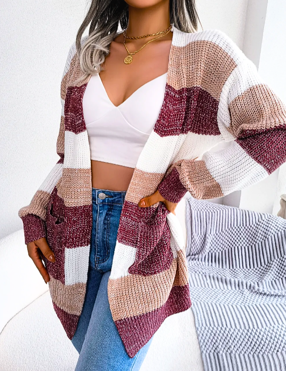 Women's Knit Cardigan with Colour Block Stripes | Open Front