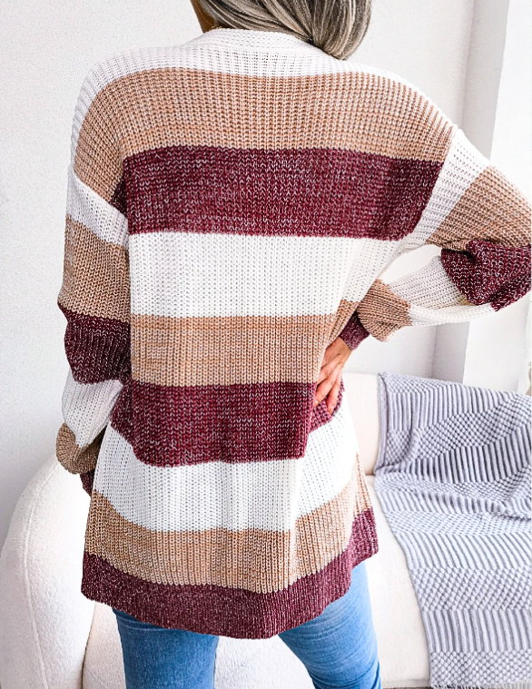 Women's Knit Cardigan with Colour Block Stripes | Open Front