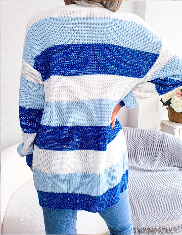Women's Knit Cardigan with Colour Block Stripes | Open Front