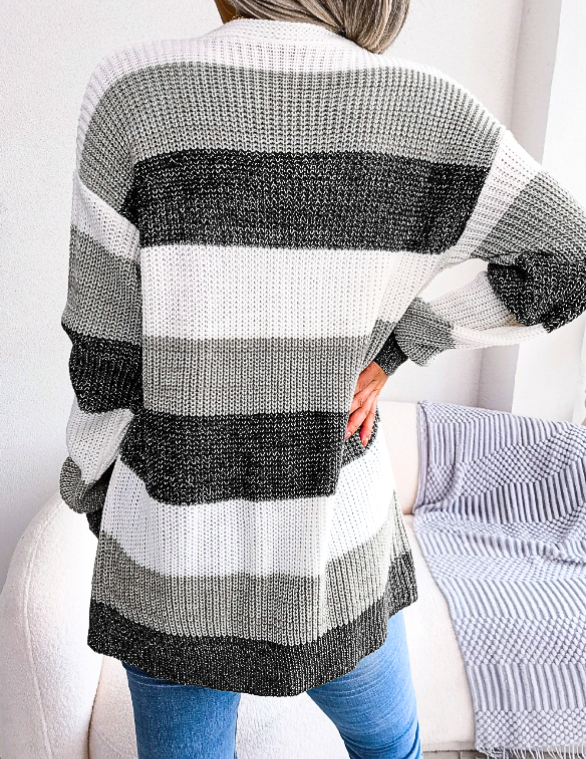Women's Knit Cardigan with Colour Block Stripes | Open Front